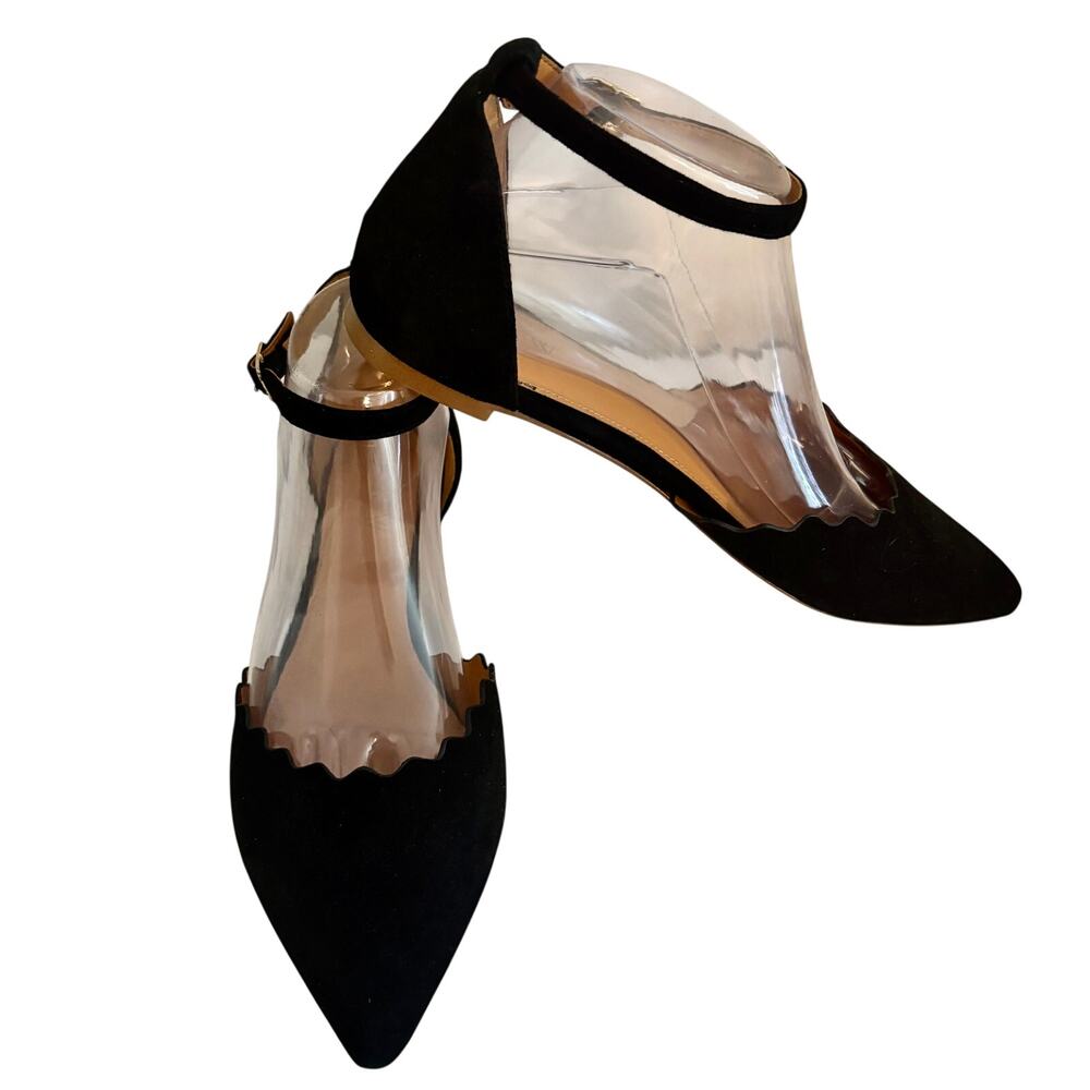 J Crew Harper Scalloped Black Suede Leather D'Orsay Ankle Strap Flats Feminine